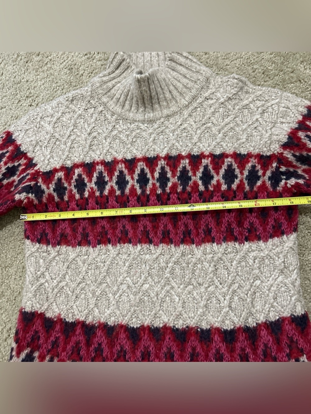 Faherty Alpaca Wool Fair Isle Mock Neck Sweater Womens Large Tan Red Excellent - Picture 7 of 11